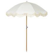 Parasol white w/natural coloured fringes and wooden pole incl. storage bag