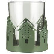 Candle holder f/tealight w/houses in metal