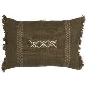 Cushion cover Safi olive w/embroidery and fringes at the ends, backside is unbleached canvas