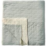 Sengetæppe dobbelt, dobbeltvævet m/stikning i tern, forside: støvblå, bagside: off white