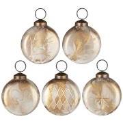 Christmas ornament 5 asstd flat white/brass look w/gold coloured engraving