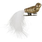 Bird w/feather and clips gold glitter